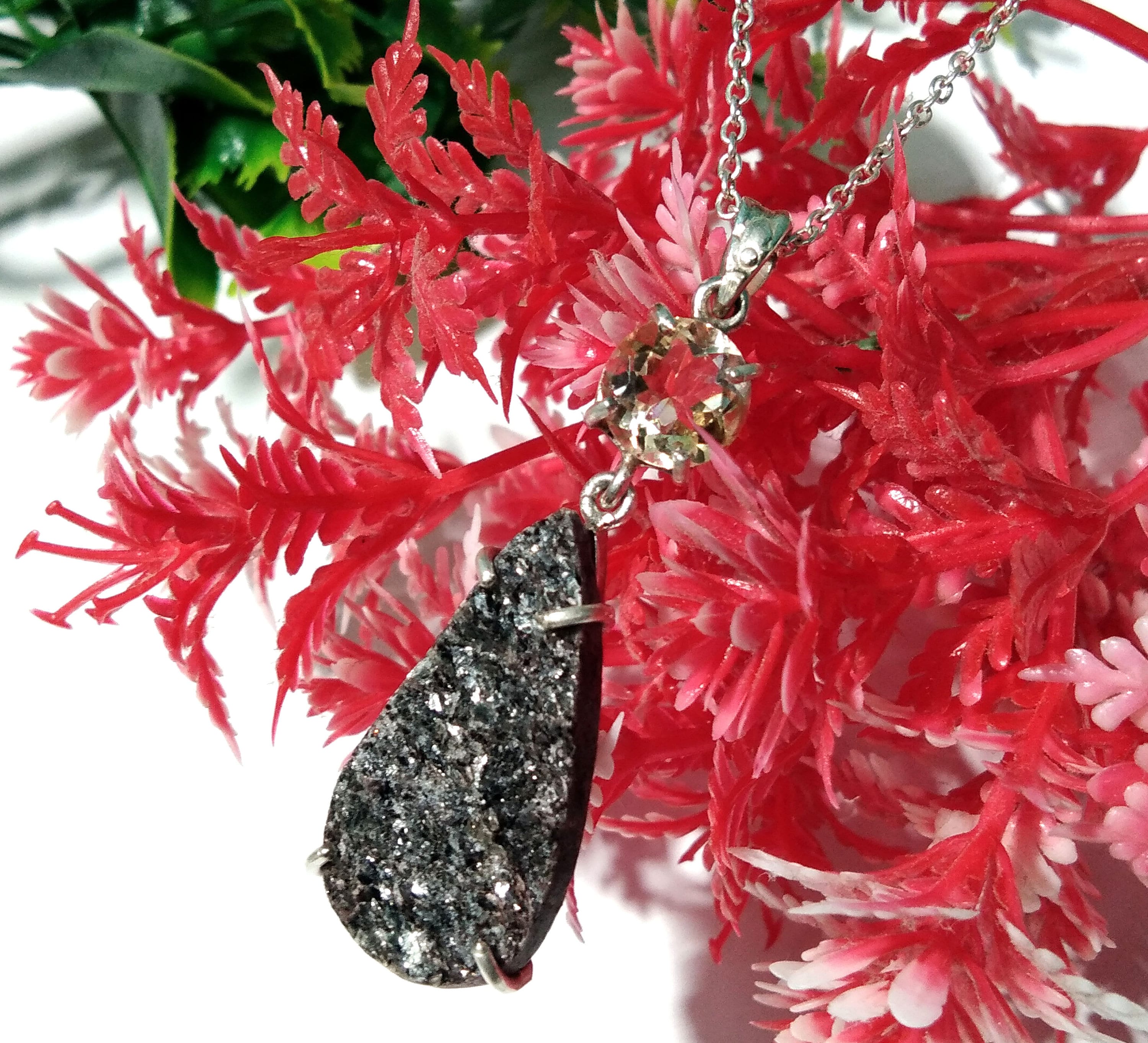 Natural Black Silver Mica Druzy/Citrine Gemstone Chain Pendant Necklace,  925 Starling Silver Jewelry Druzy Stone Pendant For Gift Pendant